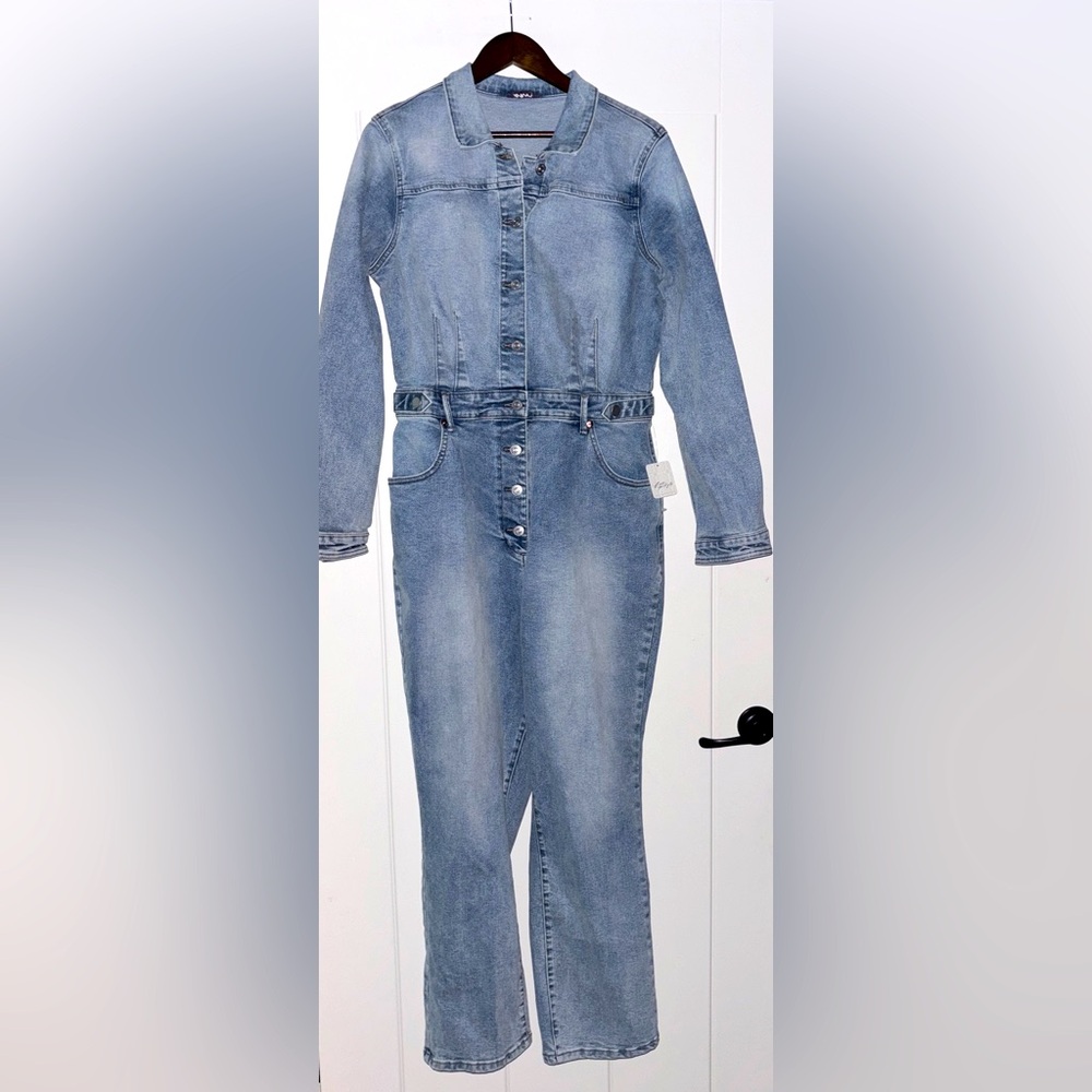 Free People We The Free CRVY Denim Utility Button Up Stretch Coverall NEW Sz 16
